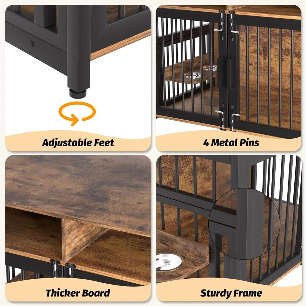 Dog Crate Furniture, Large Dog Cage with 2 Open Storage Shelves, 48 Inch Dog Kennel with Adjustable Raised Feeders, Indoor Heav