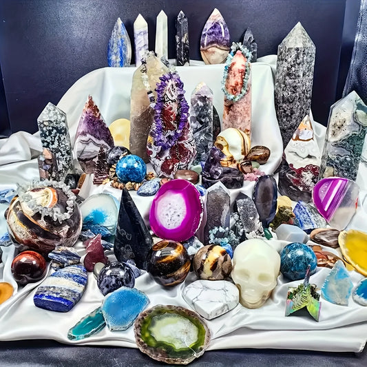 Open your own unique crystals! 1lb-3lb Crystal Gift Box-Mixed Raw Stone, Tower, Sphere, Carving , Bracelet Ring, Home Decoration