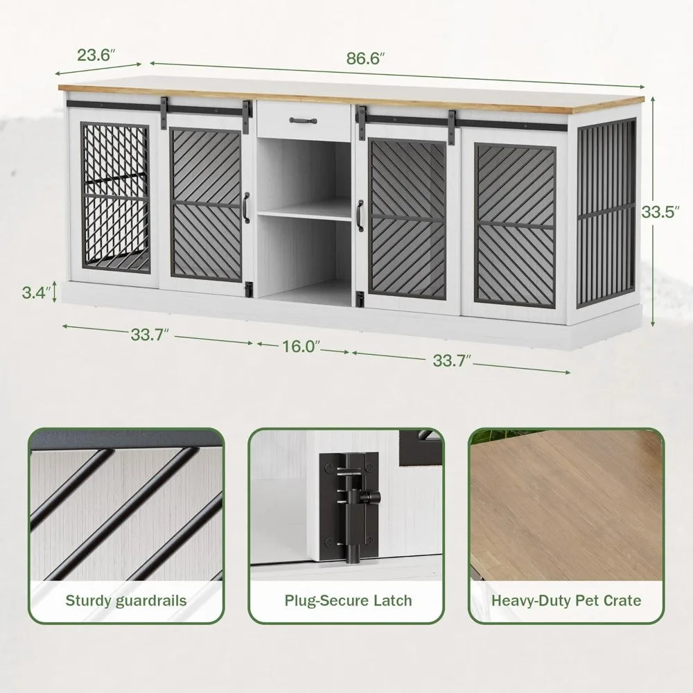 86.6" Dog Crate Furniture for 2 Dogs,Wooden Dog Kennel Indoor with Double Doors,Escape-Proof and Chew-Proof Heavy Duty Dog House