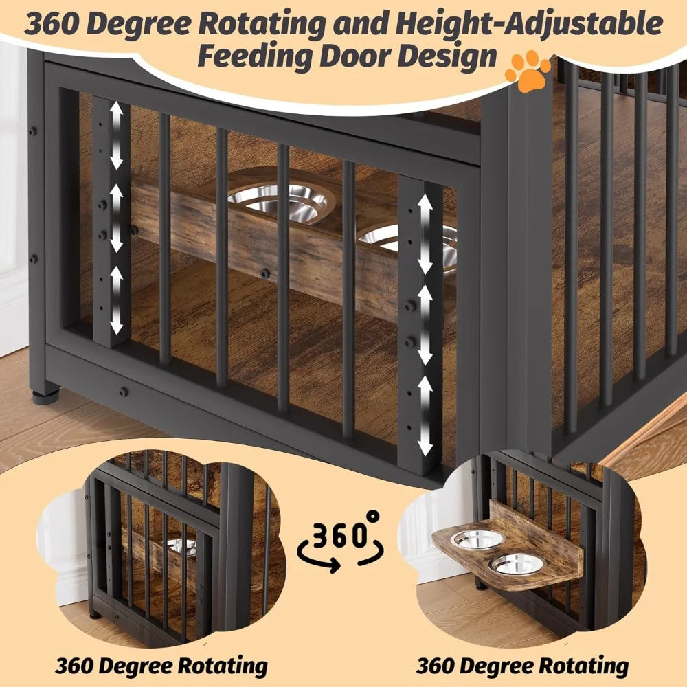 Dog Crate Furniture, Large Dog Cage with 2 Open Storage Shelves, 48 Inch Dog Kennel with Adjustable Raised Feeders, Indoor Heav