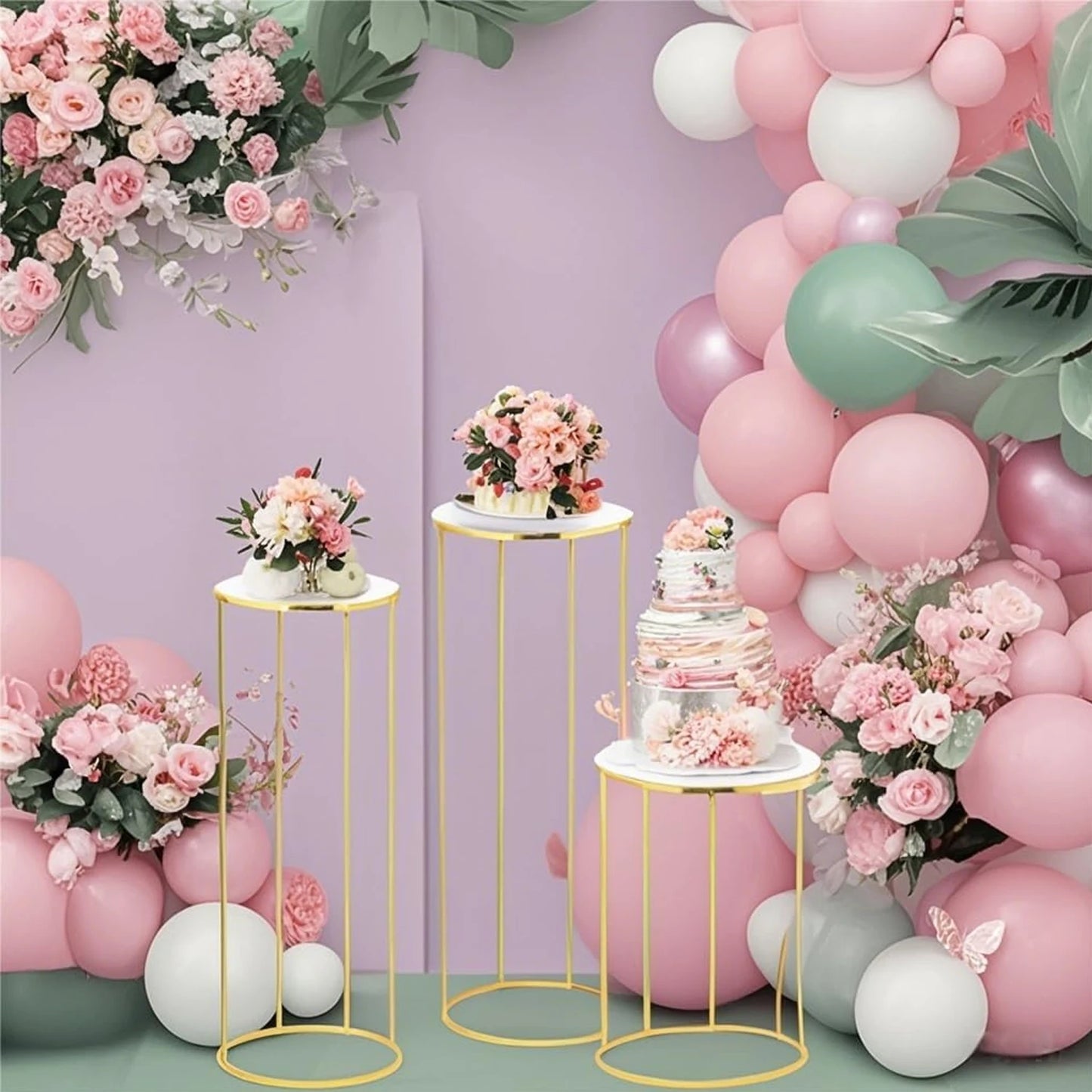 3pcs Cylinder Plant Stand Large Metal Gold Cylindrical Plant Stand Display Pillars for Party Flowers Birthday Wedding Decor Supp