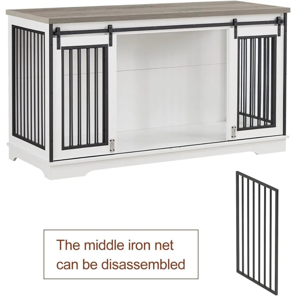XXL Wooden Dog Crate Furniture with Sliding Barn Door, 60.6" Indoor Kennel with Divider, Modern TV Stand for Large Dog or 2 Medi