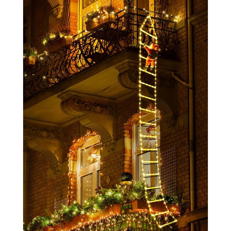 10ft Outdoor Christmas Decorative LED Ladder Lights with Climbing Santa Claus for Home Holiday Wall Window Decoration 8 Lightin