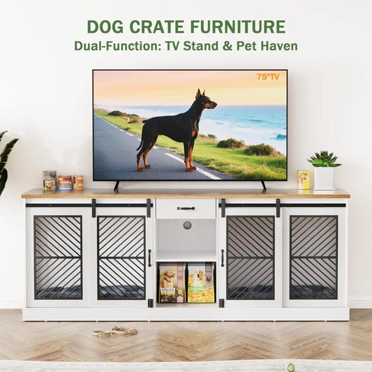 86.6" Dog Crate Furniture for 2 Dogs,Wooden Dog Kennel Indoor with Double Doors,Escape-Proof and Chew-Proof Heavy Duty Dog House