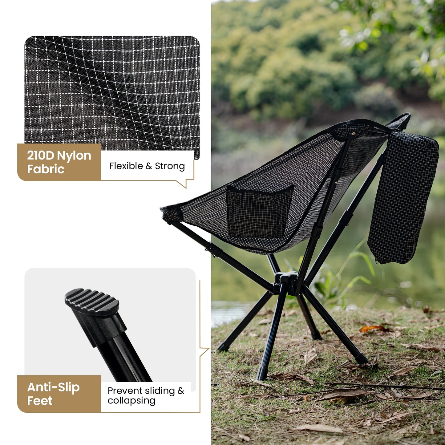 Onetigris Camping Chair Folding Chairs with Side Pocket Portable Beach Chair Travel Hiking Backpacking Fishing Camping Supplies