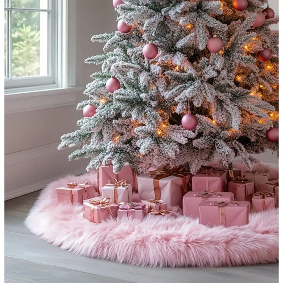 60 Inch Faux Fur Christmas Tree Skirt Pink Plush Skirt for Merry Christmas Party Christmas Tree Decoration