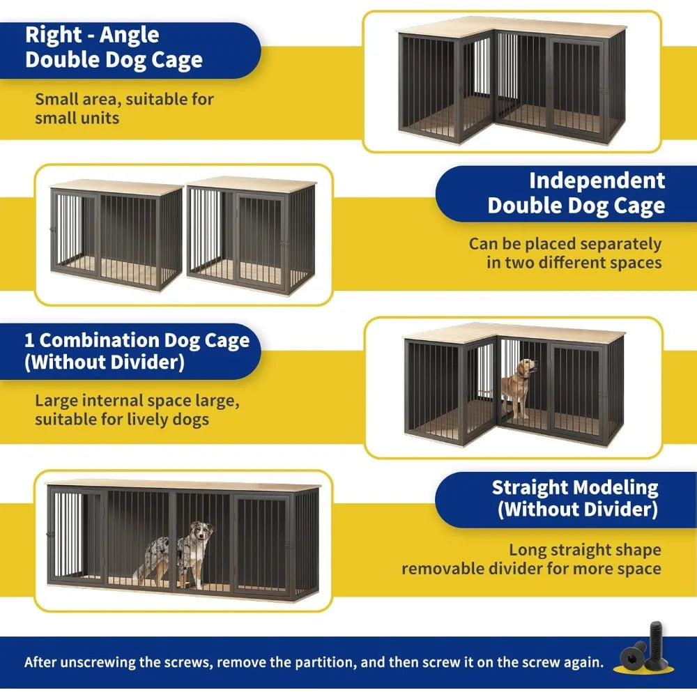 Dog Crate Furniture for 2 Dogs, 79.1" Large Dog Kennel Furniture with Dividers and Double Doors, All Steel Frame Double Dog Crat