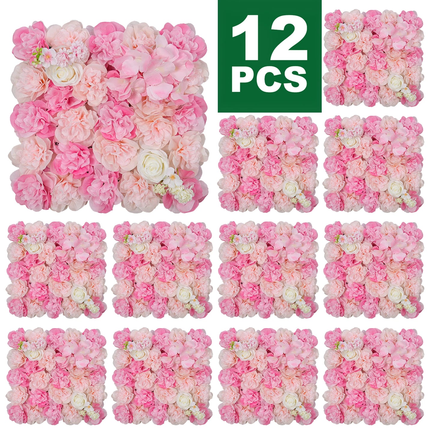 12PCS Artificial Flowers Roses Wall Panel 3D Flower Backdrop Faux Roses for Wall Party Wedding Bridal Shower Outdoor Decoration
