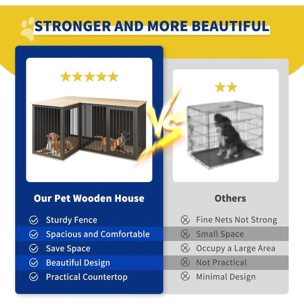 Dog Crate Furniture for 2 Dogs, 79.1" Large Dog Kennel Furniture with Dividers and Double Doors, All Steel Frame Double Dog Crat