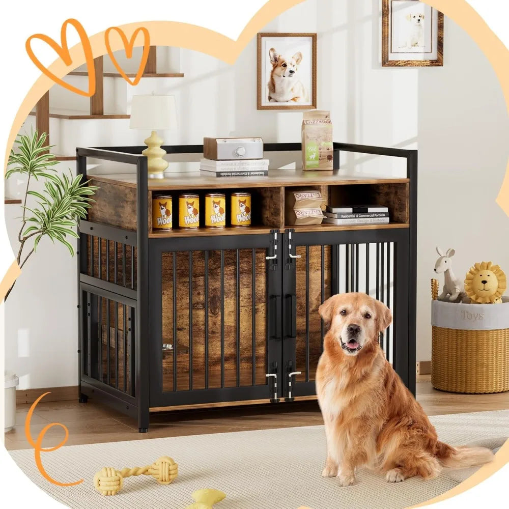 Dog Crate Furniture, Large Dog Cage with 2 Open Storage Shelves, 48 Inch Dog Kennel with Adjustable Raised Feeders, Indoor Heav