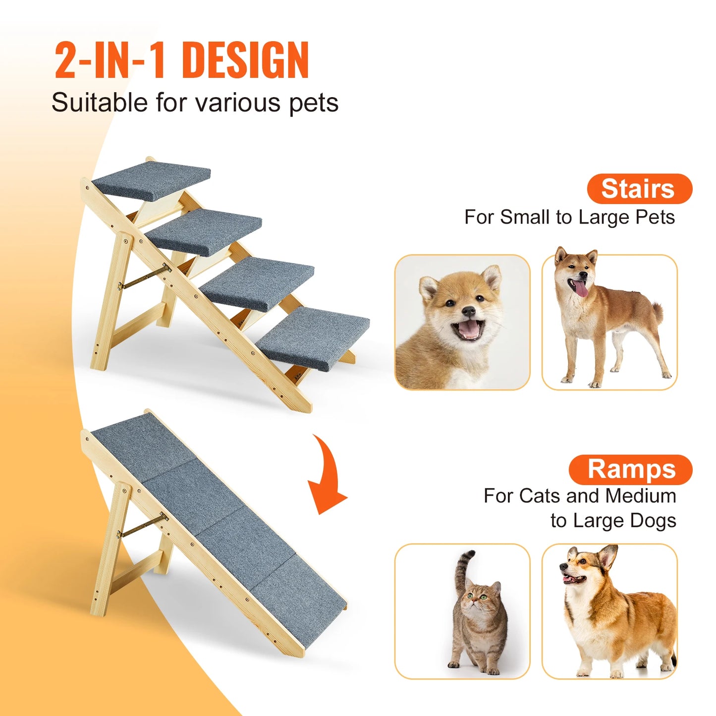 SucceBuy Wooden Pet Steps and Ramp Combo 2-in-1 Design Foldable Access for Beds Steps Structure for Pets of Small to Large Size