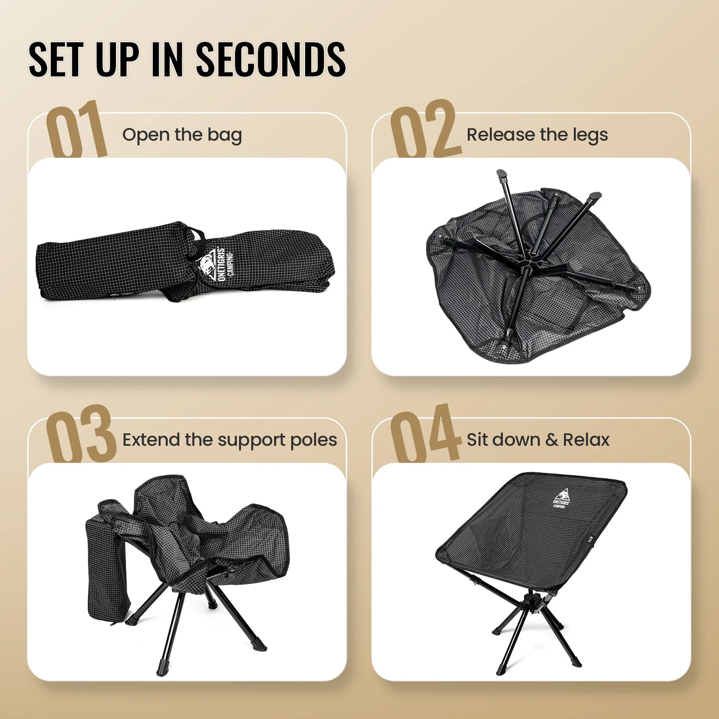 Onetigris Camping Chair Folding Chairs with Side Pocket Portable Beach Chair Travel Hiking Backpacking Fishing Camping Supplies