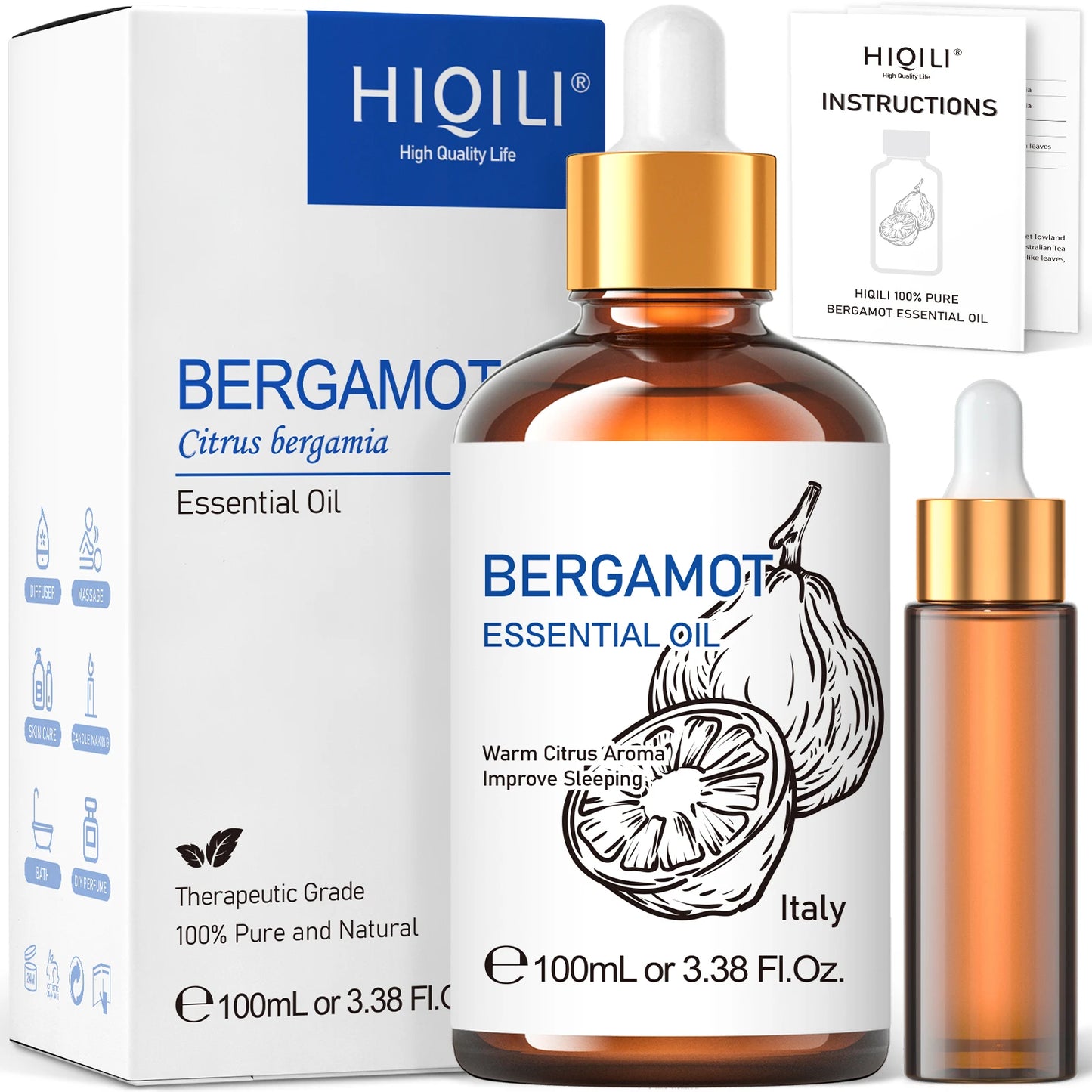 HIQILI 100ML Bergamot Essential Oils,100% Pure Nature for Aromatherapy, Diffuser, Humidifier, Massage, Deep Relaxation