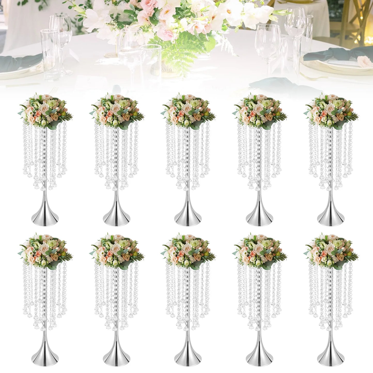 Set Of 10pcs 21.9"H Crystal Flower Stand Silver Centerpieces For Wedding Party Dinner Event Hotel Home Flower Arrangement Vase