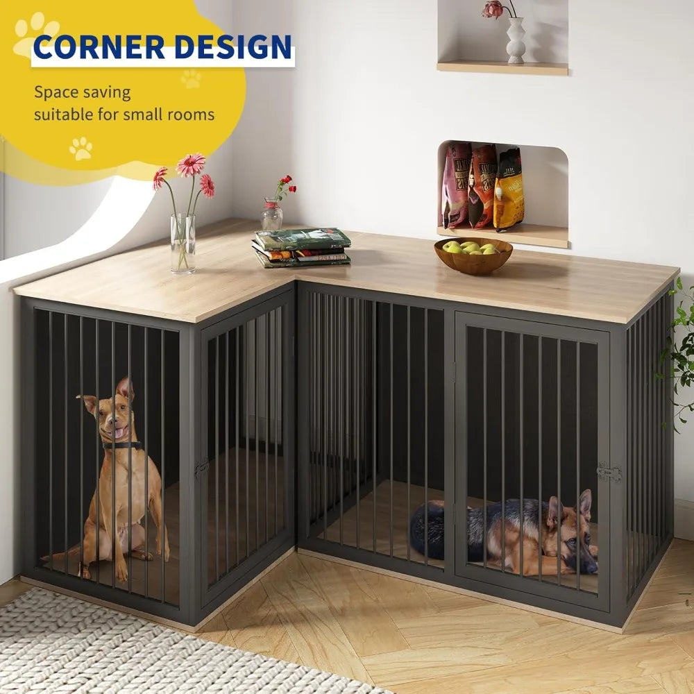 Dog Crate Furniture for 2 Dogs, 79.1" Large Dog Kennel Furniture with Dividers and Double Doors, All Steel Frame Double Dog Crat