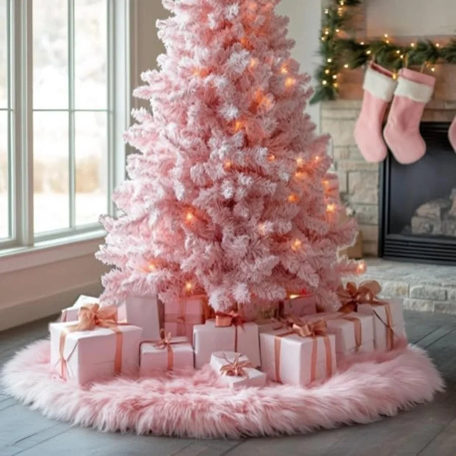 60 Inch Faux Fur Christmas Tree Skirt Pink Plush Skirt for Merry Christmas Party Christmas Tree Decoration
