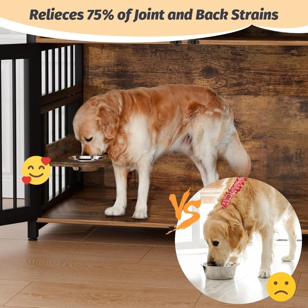 Dog Crate Furniture, Large Dog Cage with 2 Open Storage Shelves, 48 Inch Dog Kennel with Adjustable Raised Feeders, Indoor Heav