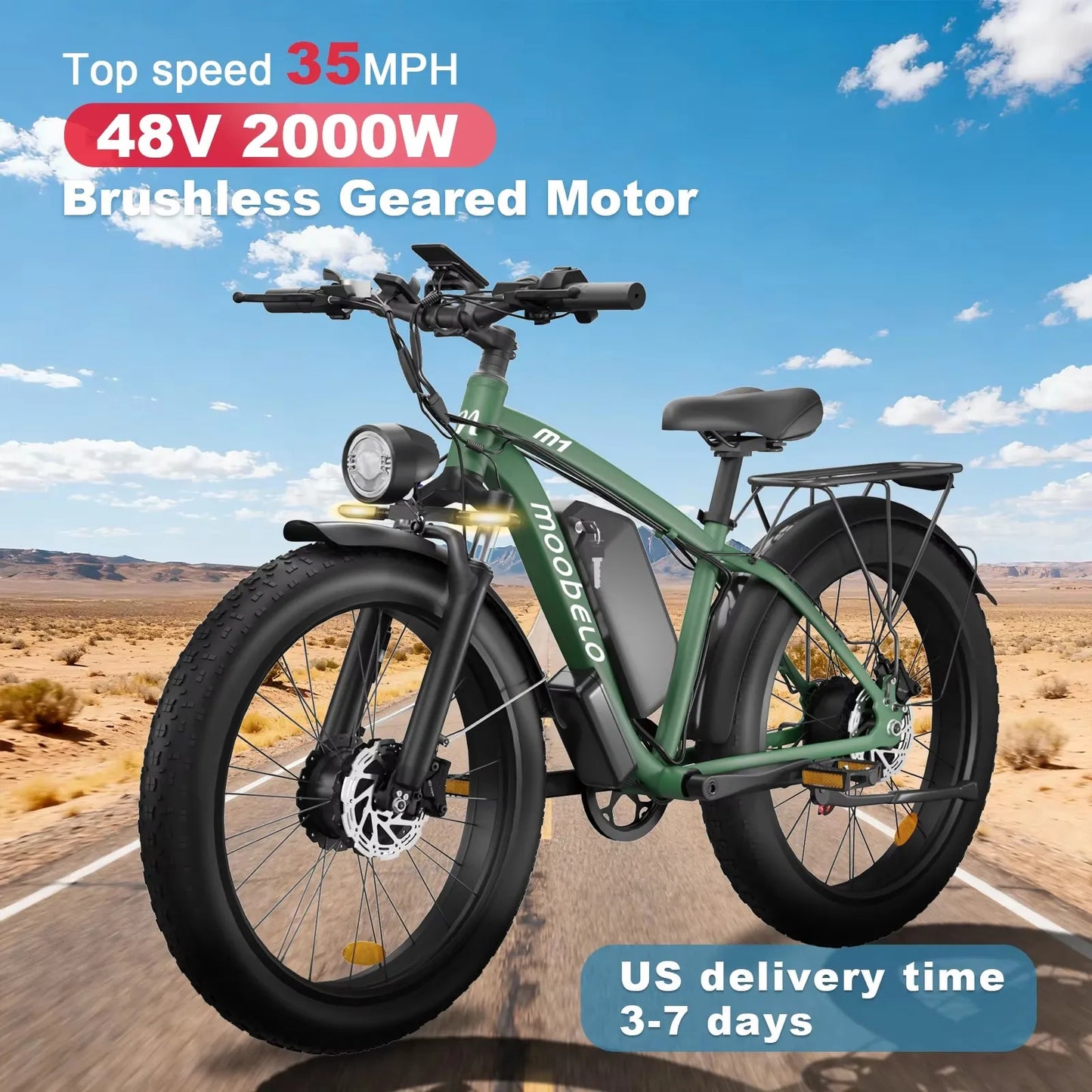 Moobelo M1 48V 2000W Dual Motor E-Bike 26" Fat Tires Front Suspension | CE Certified Ideal for US Snow/Beach/Urban Riding EBike