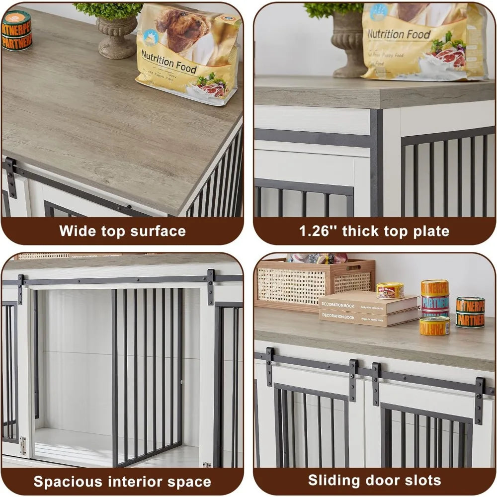 XXL Wooden Dog Crate Furniture with Sliding Barn Door, 60.6" Indoor Kennel with Divider, Modern TV Stand for Large Dog or 2 Medi