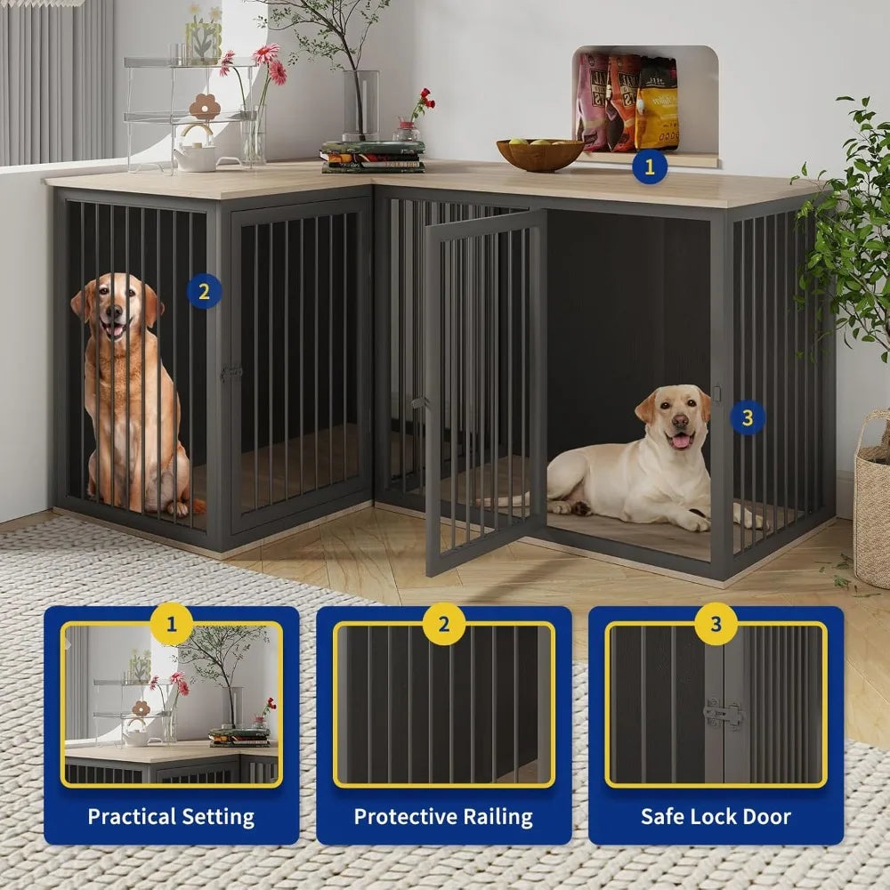 Dog Crate Furniture for 2 Dogs, 79.1" Large Dog Kennel Furniture with Dividers and Double Doors, All Steel Frame Double Dog Crat