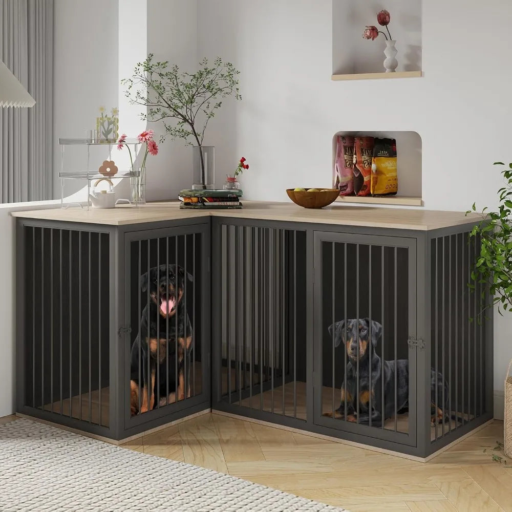 Dog Crate Furniture for 2 Dogs, 79.1" Large Dog Kennel Furniture with Dividers and Double Doors, All Steel Frame Double Dog Crat