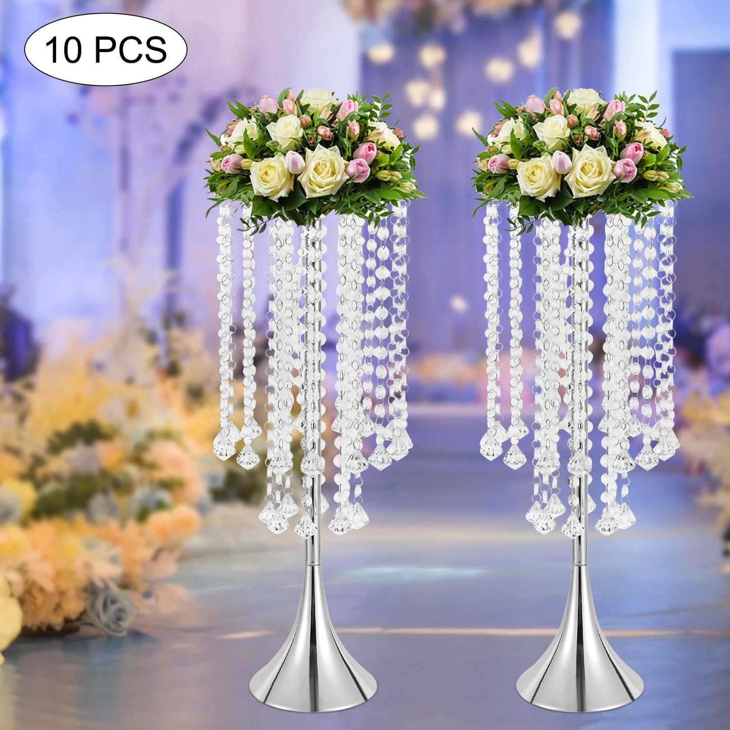 Set Of 10pcs 21.9"H Crystal Flower Stand Silver Centerpieces For Wedding Party Dinner Event Hotel Home Flower Arrangement Vase