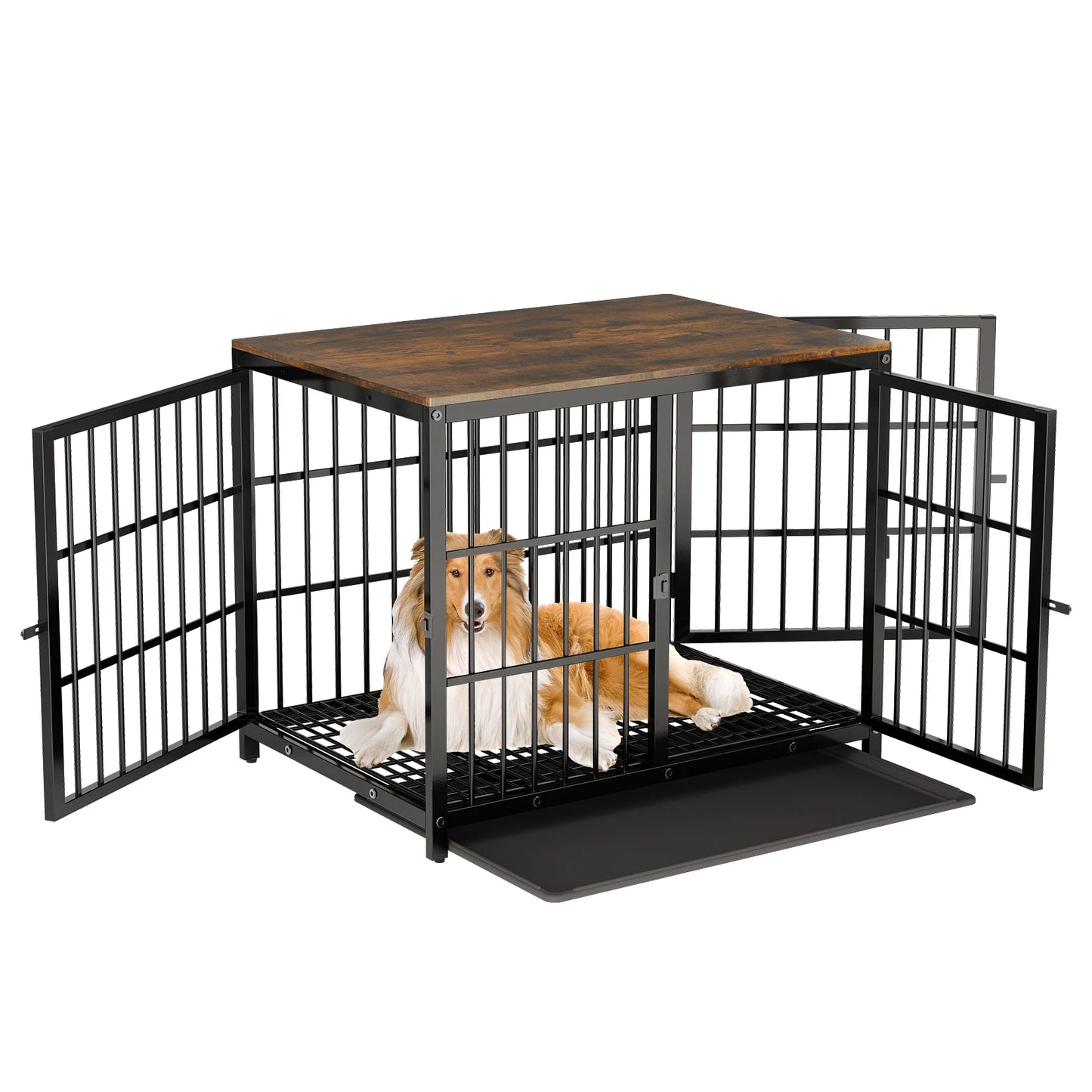 Heavy Duty Dog Kennels Metal Wooden Dog Crate End Table Furniture Style Pet Cage with Three Doors and Removable Tray