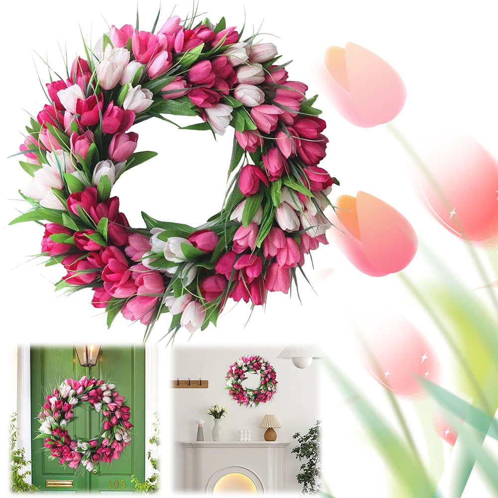 Flower Artificial Tulip Wreath Front Door Hanging Decor