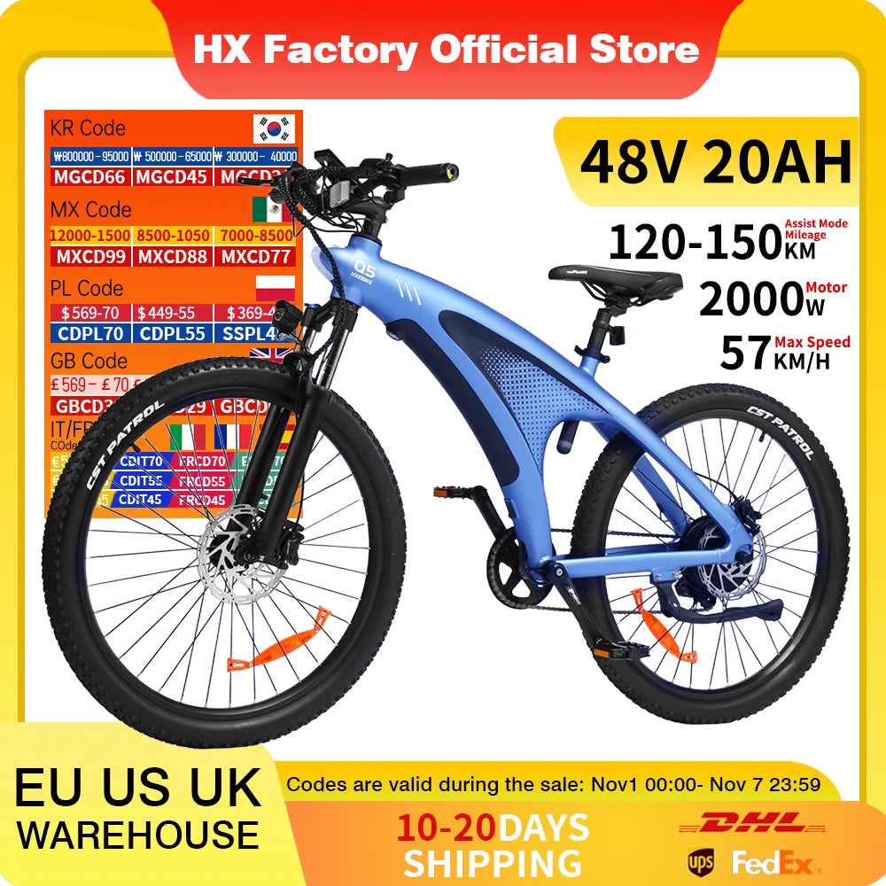 HX Q5 Ebikes 2000W Adults Electric Bike Bicycle 2000W 48V 20AH 27.5 Inch Off-Road Tire Electric E Bikes Mountain Ebike