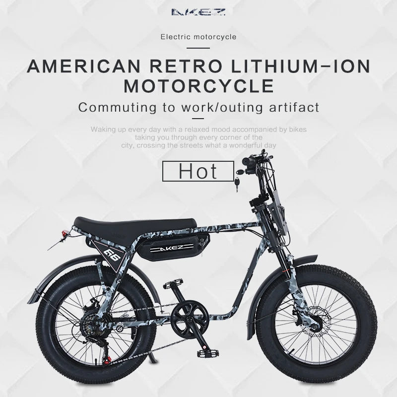 US Stock 🔥 AKEZ 750W Retro Electric Bike - 48V 13Ah Battery, 20'' Fat Tire E-Bike, Vintage Style Bicycle for Adults