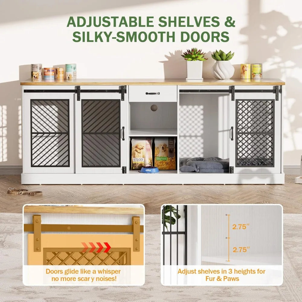 86.6" Dog Crate Furniture for 2 Dogs,Wooden Dog Kennel Indoor with Double Doors,Escape-Proof and Chew-Proof Heavy Duty Dog House