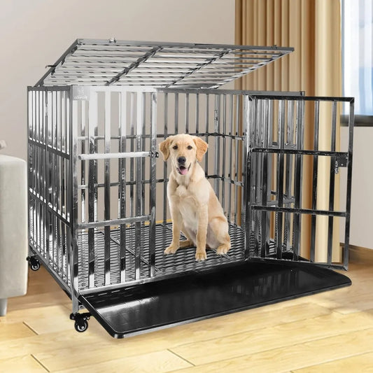 Stackable Stainless Steel Dog Crate Heavy Duty Pet Kennel Foldable Indestructible Dog Cage Playpen with Lockable Rolling Wheels