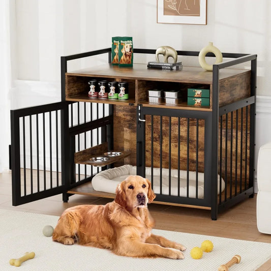 Dog Crate Furniture, Large Dog Cage with 2 Open Storage Shelves, 48 Inch Dog Kennel with Adjustable Raised Feeders, Indoor Heav