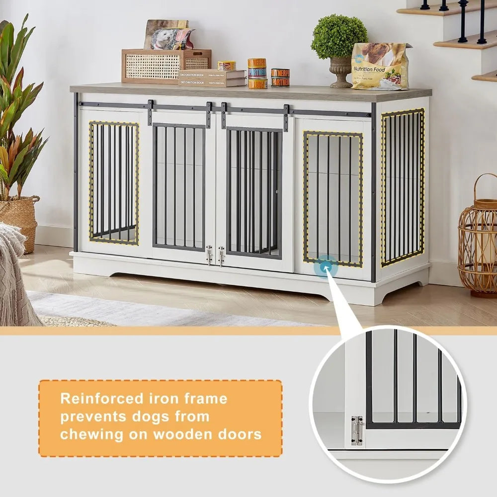 XXL Wooden Dog Crate Furniture with Sliding Barn Door, 60.6" Indoor Kennel with Divider, Modern TV Stand for Large Dog or 2 Medi