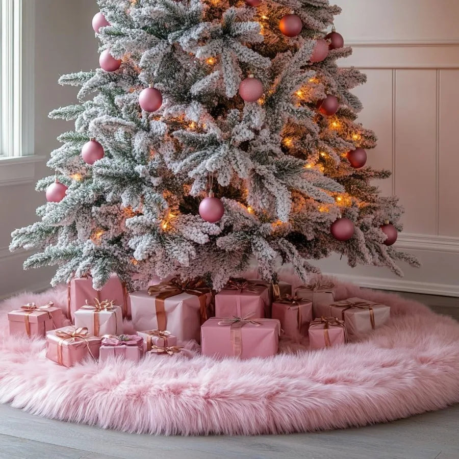 60 Inch Faux Fur Christmas Tree Skirt Pink Plush Skirt for Merry Christmas Party Christmas Tree Decoration