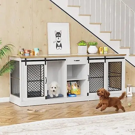 86.6" Dog Crate Furniture for 2 Dogs,Wooden Dog Kennel Indoor with Double Doors,Escape-Proof and Chew-Proof Heavy Duty Dog House