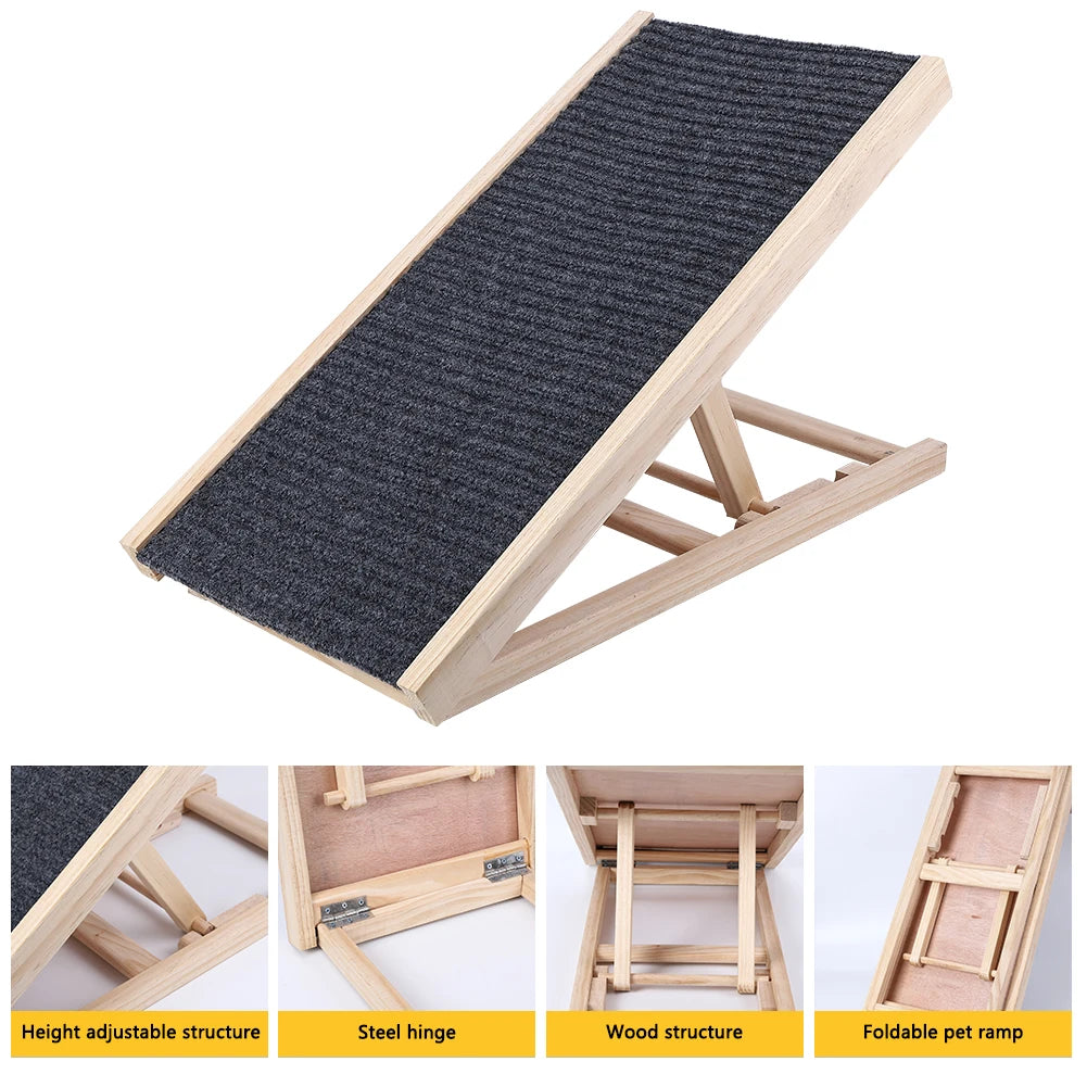 Dog Ramp Pet Wooden Ramp with Adjustable Height Folding Portable Ramp with Anti-Skid and Wear-Resistant Horizontal Slope Surface