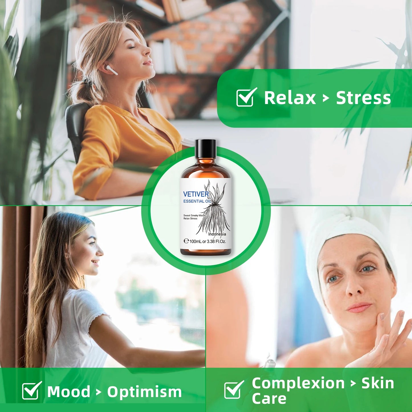 HIQILI 100ML Vetiver Essential Oils,100% Pure Nature for Aromatherapy, Diffuser, Humidifier,Massage, Relieving Stress, Hair Care