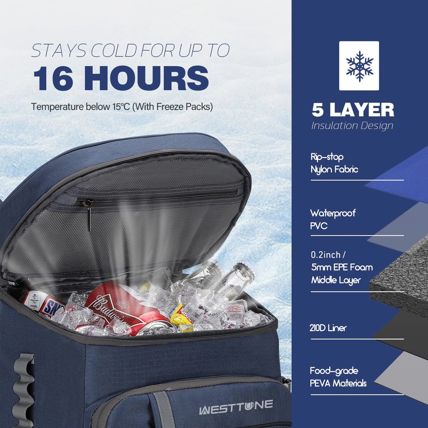 WESTTUNE 35 Can Cooler Backpack Leakproof Insulated Soft Cooler Bag Camping Beach Cooler Ice Chest Backpack for Hiking Travel