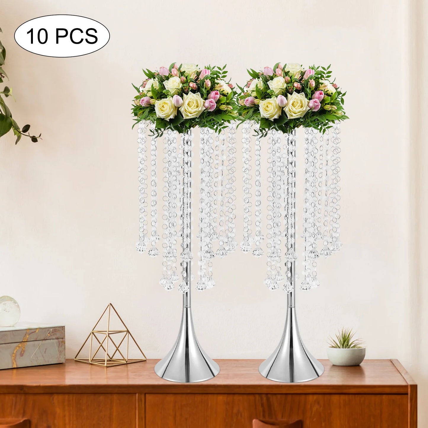 Set Of 10pcs 21.9"H Crystal Flower Stand Silver Centerpieces For Wedding Party Dinner Event Hotel Home Flower Arrangement Vase