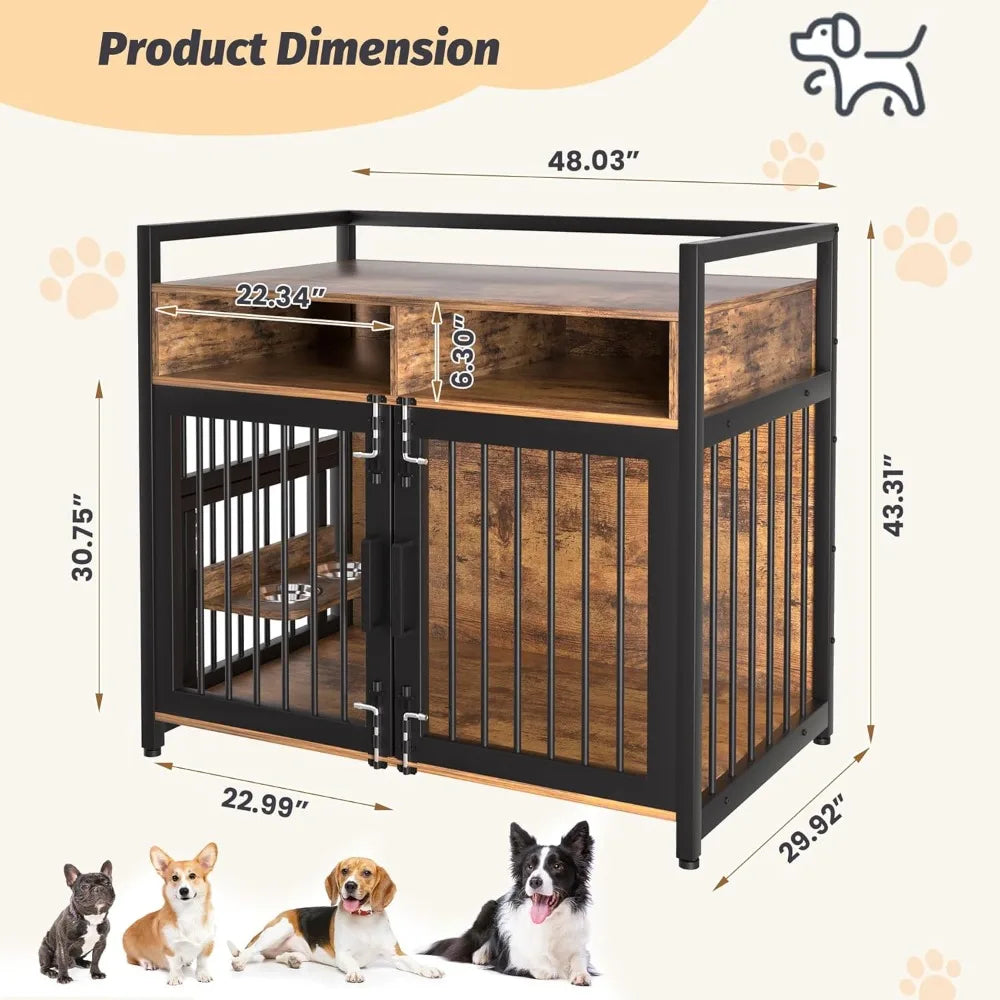 Dog Crate Furniture, Large Dog Cage with 2 Open Storage Shelves, 48 Inch Dog Kennel with Adjustable Raised Feeders, Indoor Heav