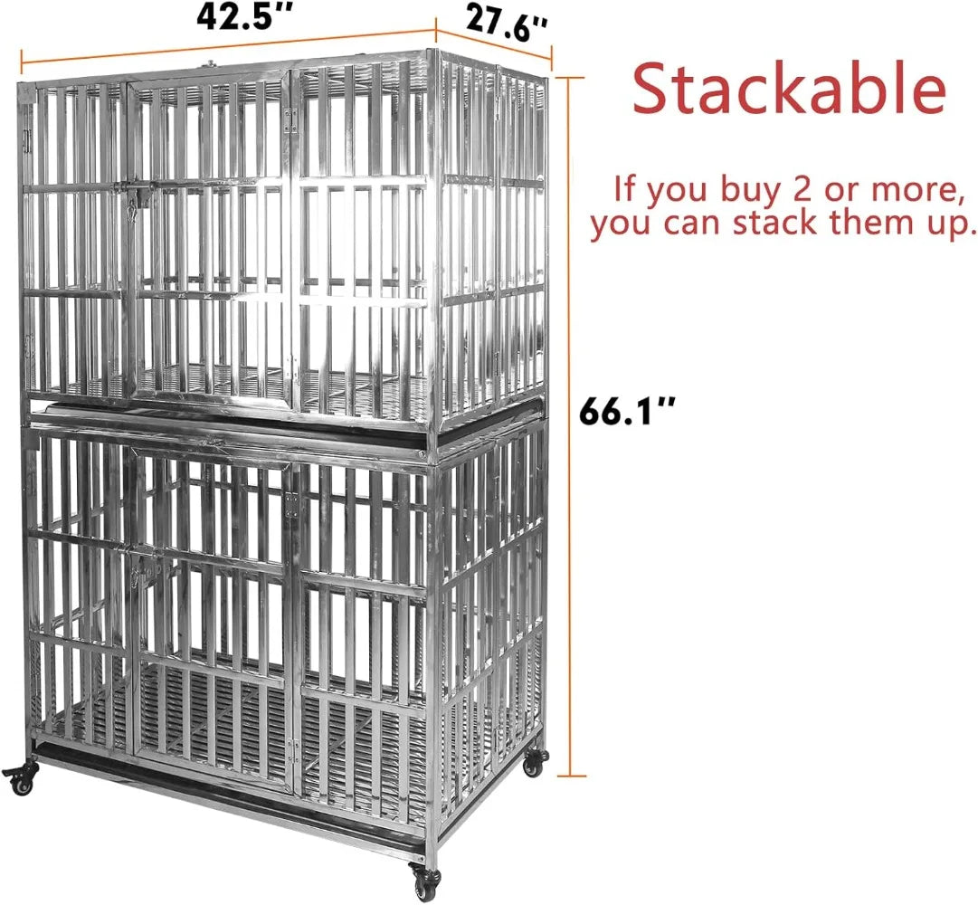 Stackable Stainless Steel Dog Crate Heavy Duty Pet Kennel Foldable Indestructible Dog Cage Playpen with Lockable Rolling Wheels