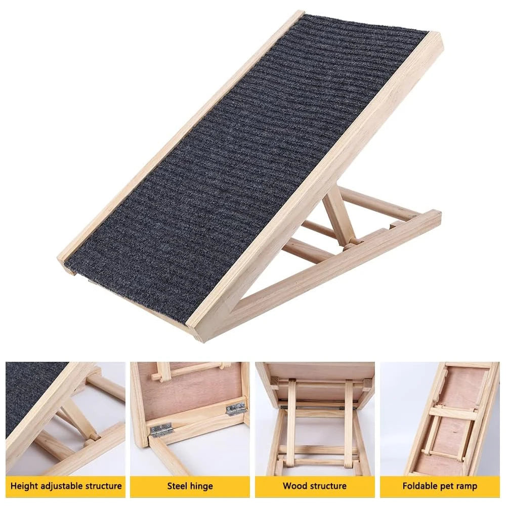 Pet Dog Ramp Wooden Portable Folding Pet Ramp for Dogs and Cats 27.5" Long Adjustable from 12” to 16” Up to 110Lbs Dog Ramps