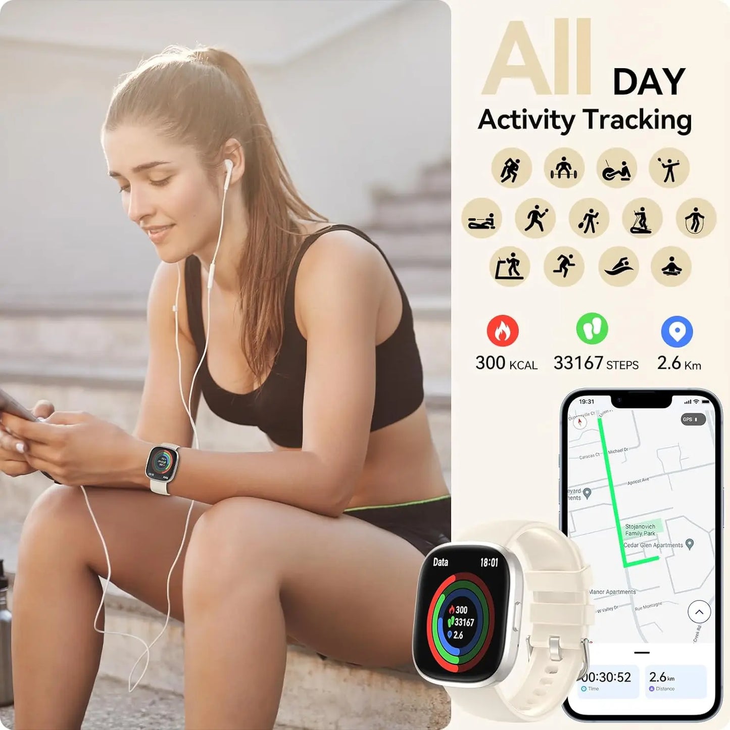 Smart Watches for Men Women  Sleep Tracking, 46mm 1.3oz Step Calorie Counter Fitness Watch Activity Trackers Pedometer forAndro