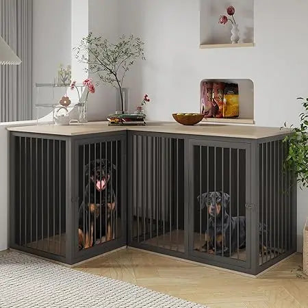 Dog Crate Furniture for 2 Dogs, 79.1" Large Dog Kennel Furniture with Dividers and Double Doors, All Steel Frame Double Dog Crat