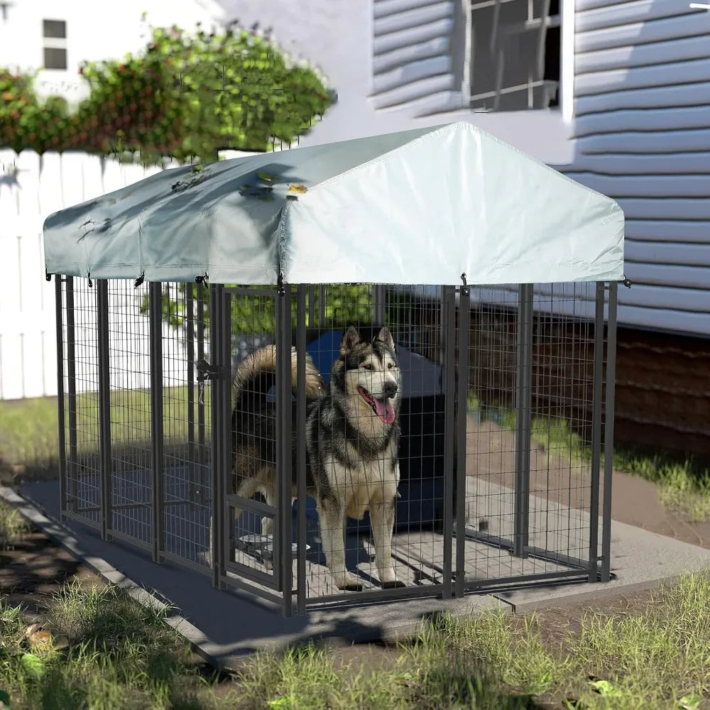 8x4x4 Outside Dog Kennel with Roof for Large Dogs, Heavy Duty Welded Wire Steel Dog Playpen Fence with Secure Lock, Pet