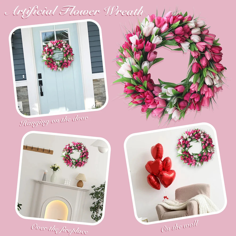 Flower Tulip Wreath Front Door Valentine Mothers Day Decor