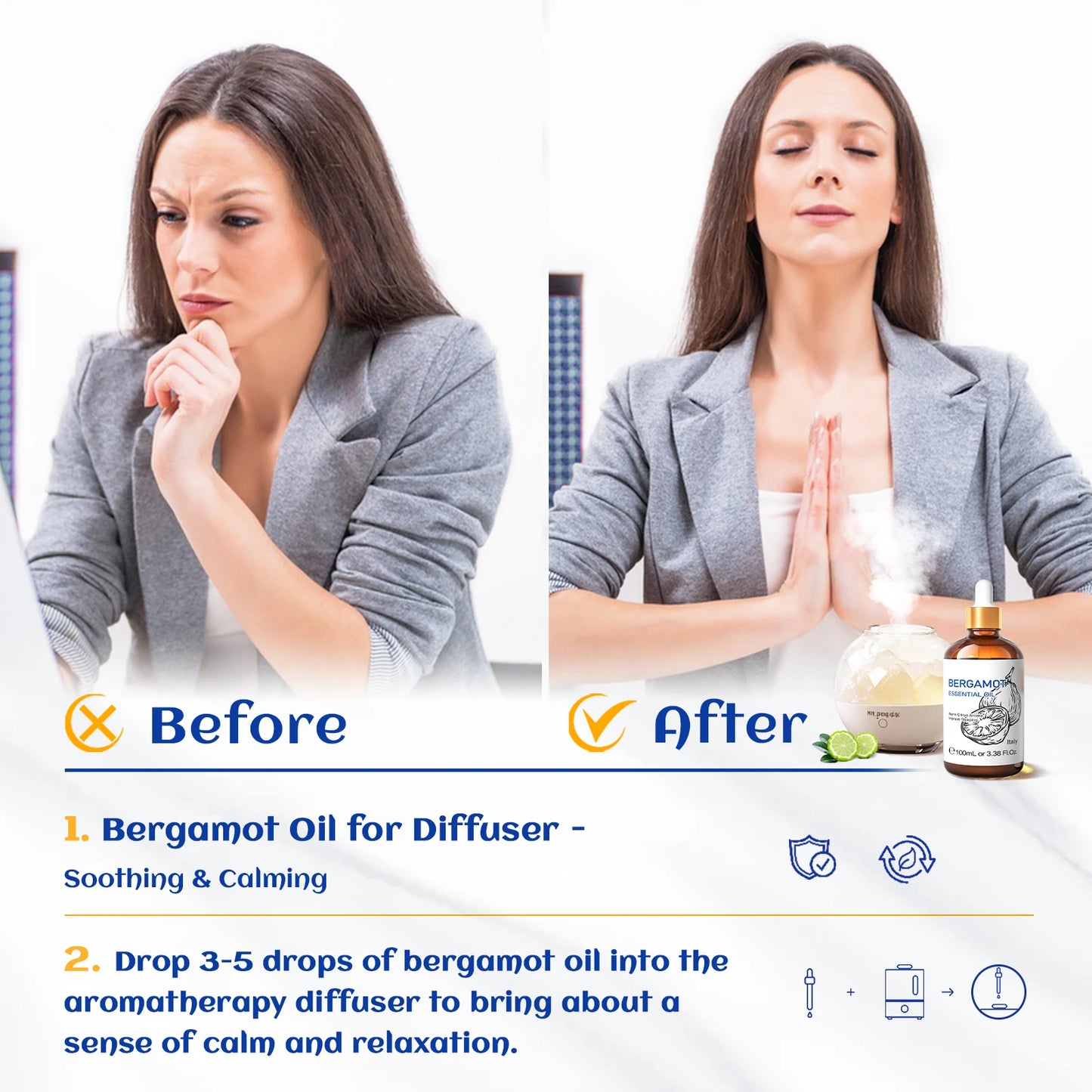 HIQILI 100% Pure Bergamot Essential Oil 100ml for Diffuser Blends Aromatherapy Uplifting Sweet Orange Grapefruit Lemon