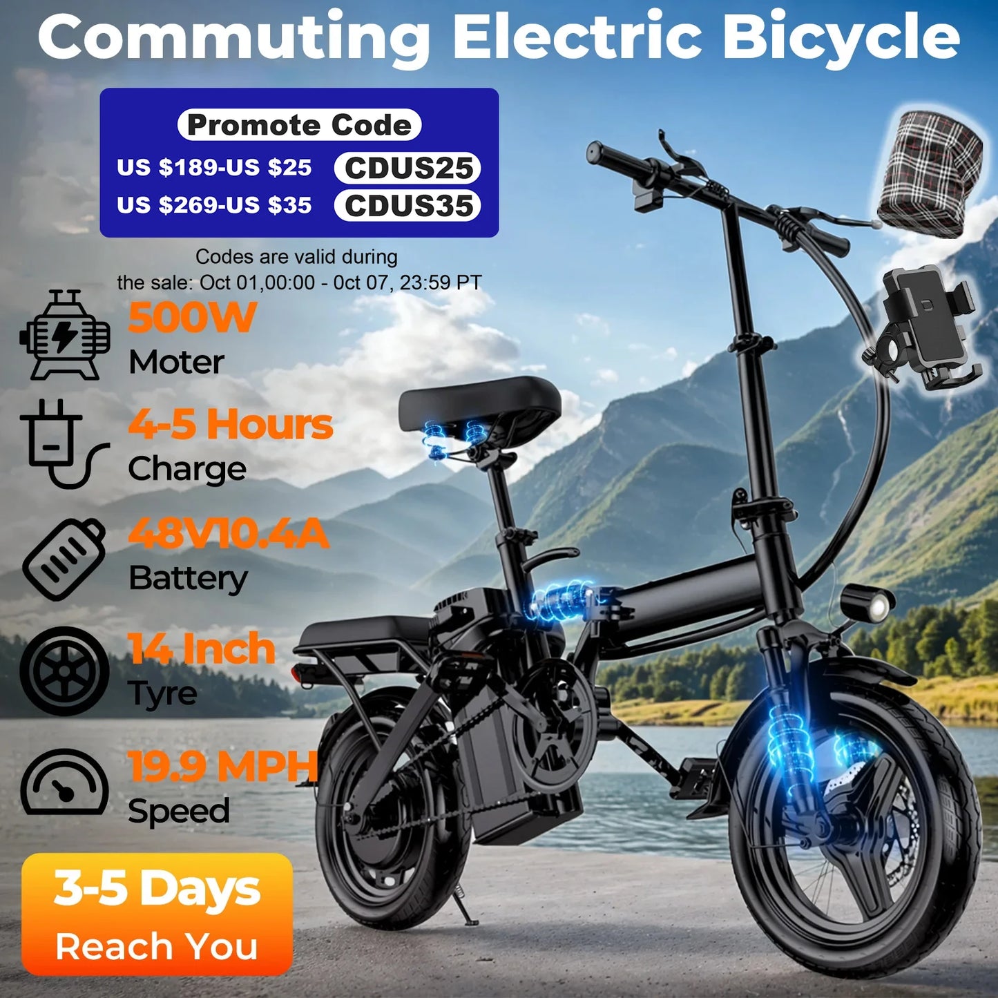 Lelekuai 500W Folding Electric Bike 20 MPH Battery Included
