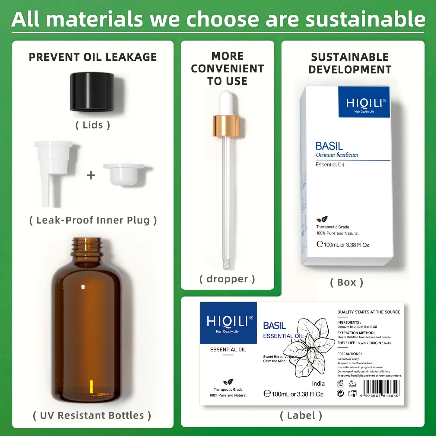 HIQILI 100ML Basil Essential Oils,100% Pure Nature for Aromatherapy, Diffuser, Humidifier, Massage, Energy, Improvement sleep